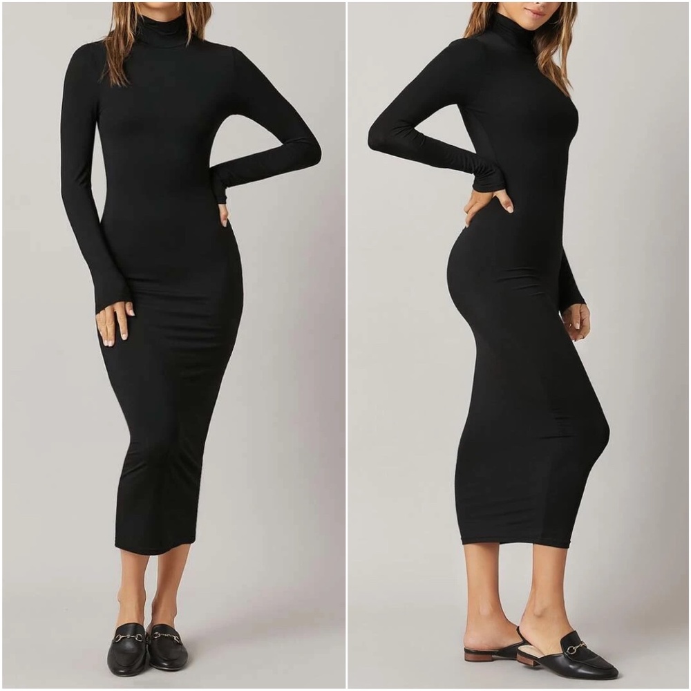 Army Green mock neck fitted midi dress Party - Picture 3 of 8